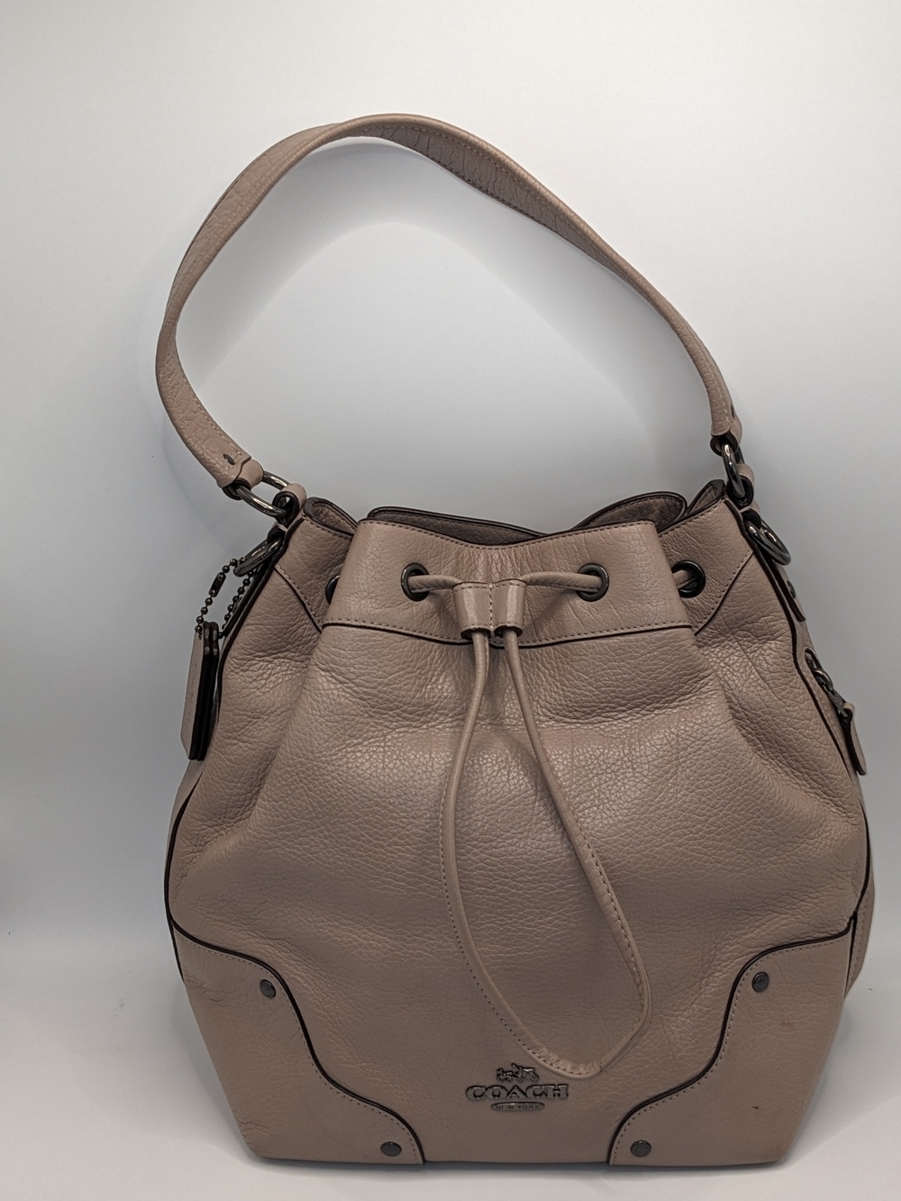 Coach Pebbled Leather Drawstring Bucket Shoulder Bag – Taupe